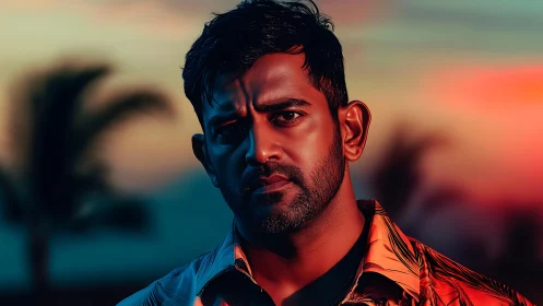 Sunset-lit portrait reveals a thoughtful man in warm focus