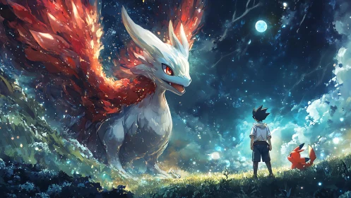 Moonlit meeting with a fiery sky dragon and brave friends.