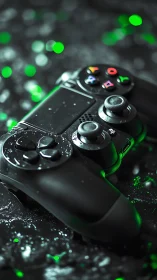 Xbox Game Controller with Neon Green Bokeh Lighting and Water Droplet Effects