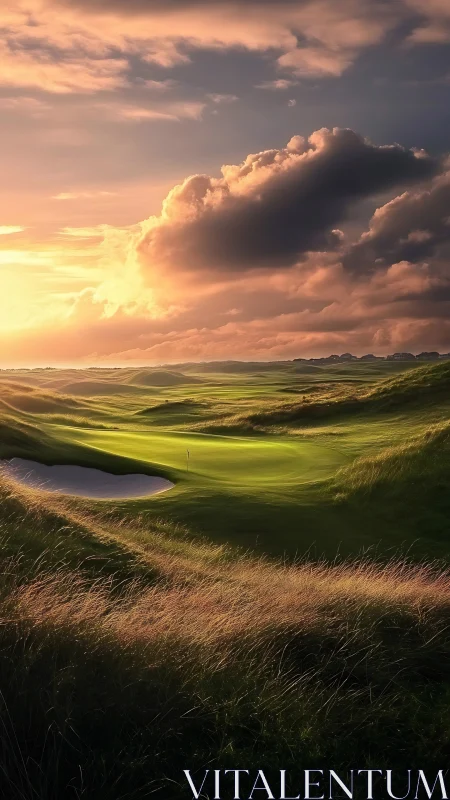 Sunset fairway drifts through windswept dunes and glowing sky.