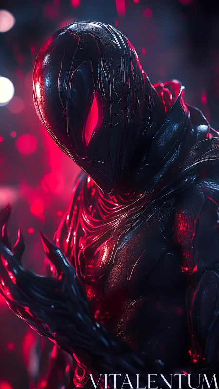Midnight symbiote warrior glows with eerie red power