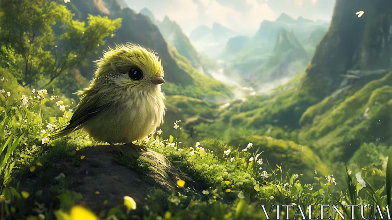 Adorable Fluffy Bird in Lush Green Fantasy Mountain Landscape.