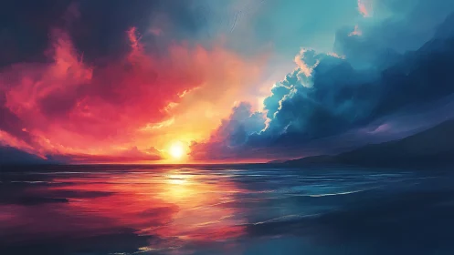 Spectral ocean horizon at sunset with high-saturation cloudfields