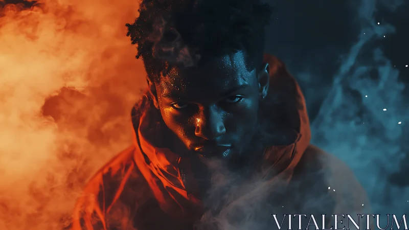 Portrait shows hooded subject amid opposing orange and blue smoke