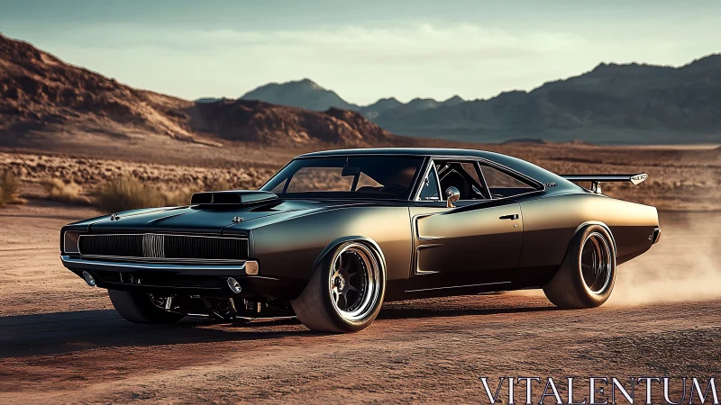 Matte black muscle car powers through sunlit desert dust.