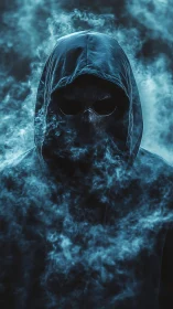 Hooded masked figure obscured by dense blue smoke cloud.
