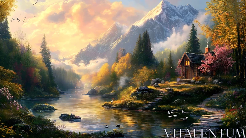 Mountain cabin beside reflective river at golden sunrise.