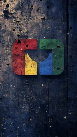Weathered colorful logo rests boldly on rustic dark wood