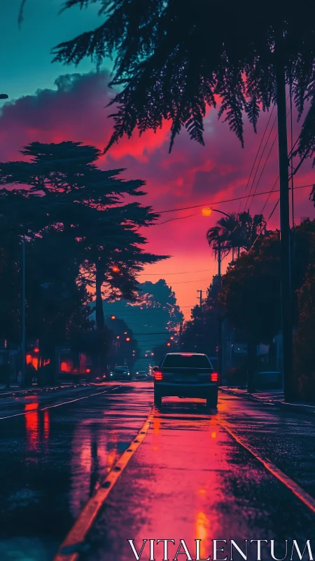 Neon drenched wet city street with silhouetted car at dusk