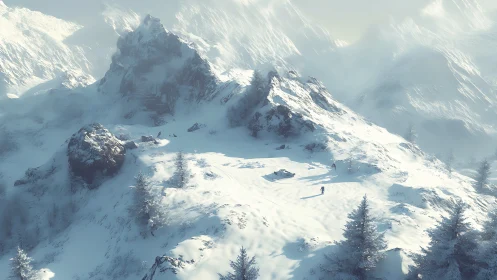 Solitary mountaineer crossing sunlit high alpine snowfield.