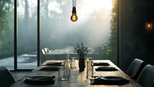 Modern dining table set in soft morning window light.