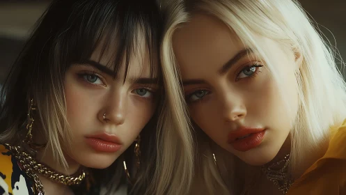 Tender close-up portrait of two stylish young women.