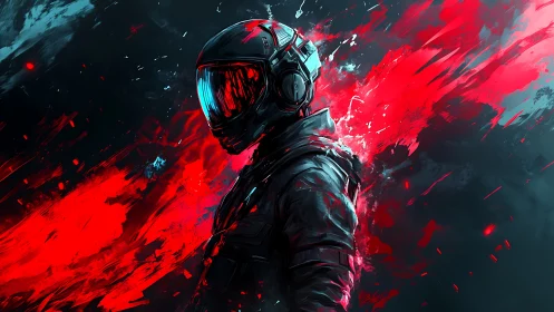Neon-armored astronaut cuts through violent red nebula storm