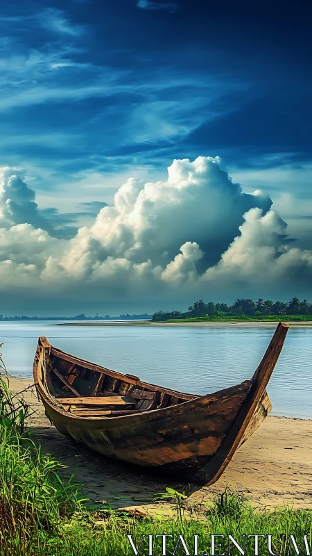 Weathered wooden boat grounded on riverbank under towering cumulus