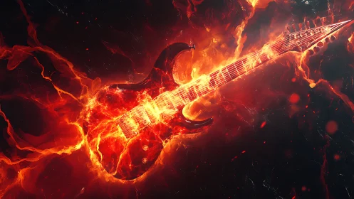 Electric guitar forged in molten lava with dynamic fiery aura