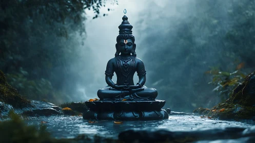 Serene stone deity statue sits in misty rainforest pool