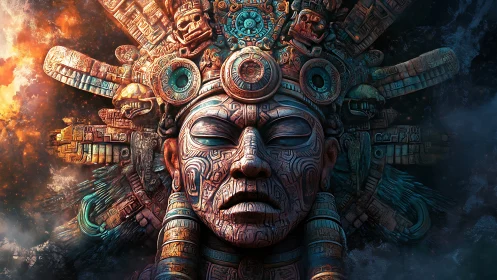 Monumental Aztec cyber-deity bust rendered in dramatic light