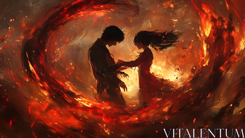 Two figures embraced in flames surrounded by fire