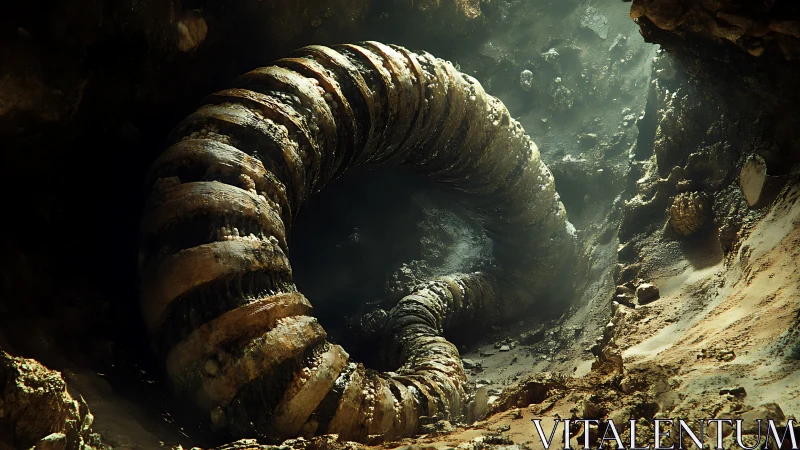 Giant coiled worm-like creature curled inside rocky cavern.