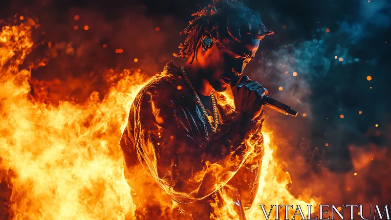 Fiery hip-hop vocalist immersed in dynamic orange-blue flames.
