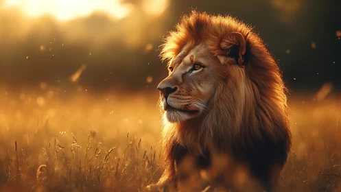 Golden hour lion resting peacefully in soft evening light.