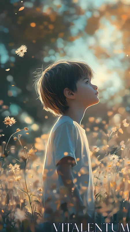 Young boy standing in dreamy flower field at sunset.