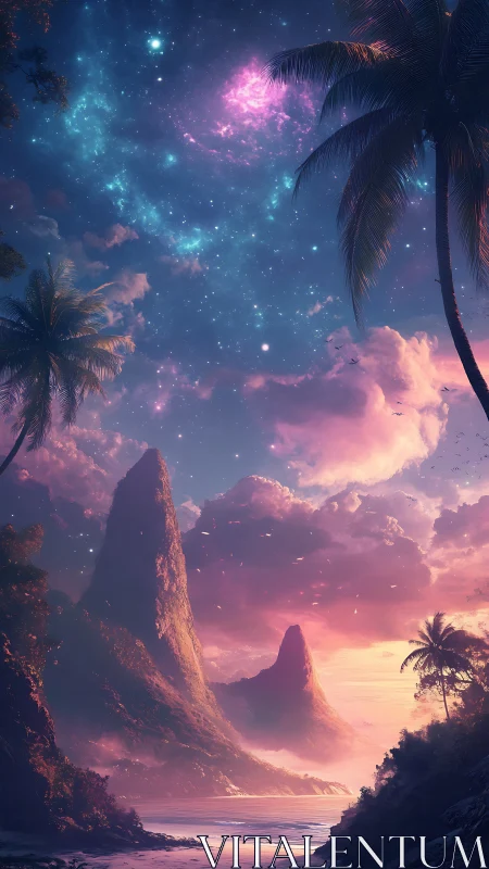 Vertical coastal landscape shows tropical shore and sky