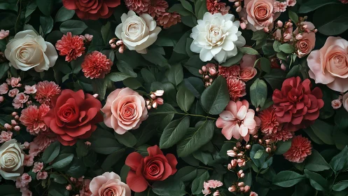 Lush Garden Blooms in Red, Pink, and Cream Tones