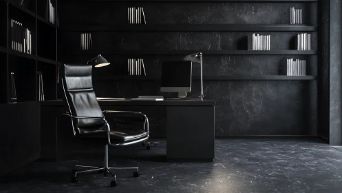 Minimalist black office exudes sleek, high-end sophistication.