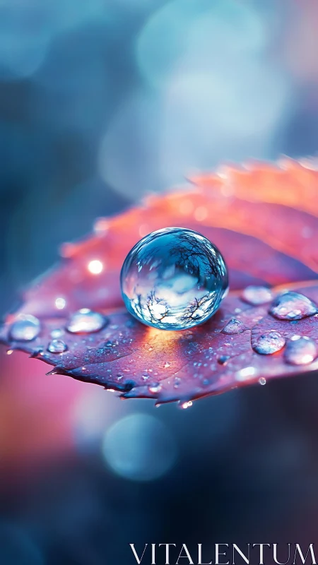 Crystal water droplet resting on vivid pink leaf edge