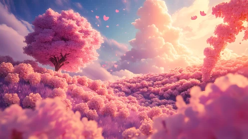 Cotton-candy blossom valley under a dreamy pastel sunrise.