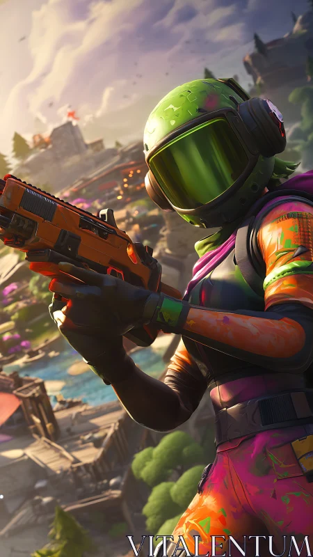 Helmeted combat character with pistol in stylized landscape.