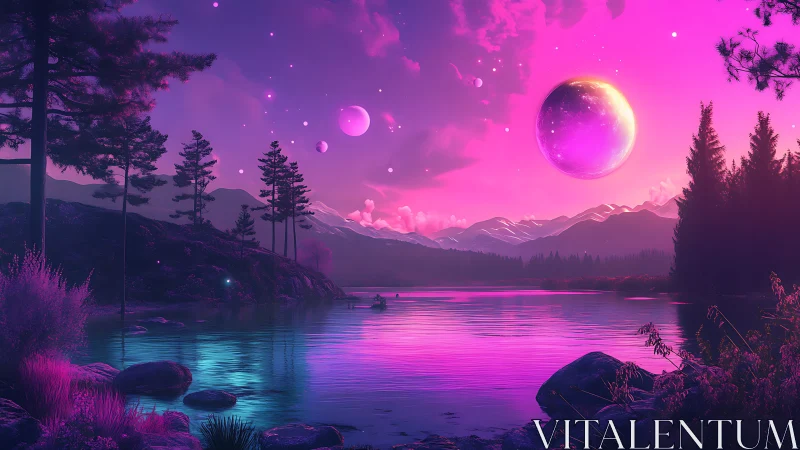 Dreamy violet lake glows beneath a magical cosmic sky