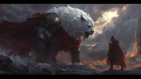 Armored warrior confronting colossal white beast calmly.