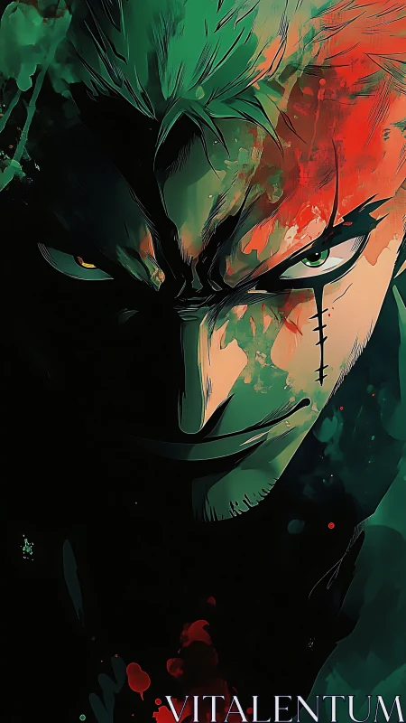 Fierce anime warrior bathed in bold red and green shadows.