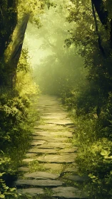 Sunlit Forest Path Through Ancient Trees