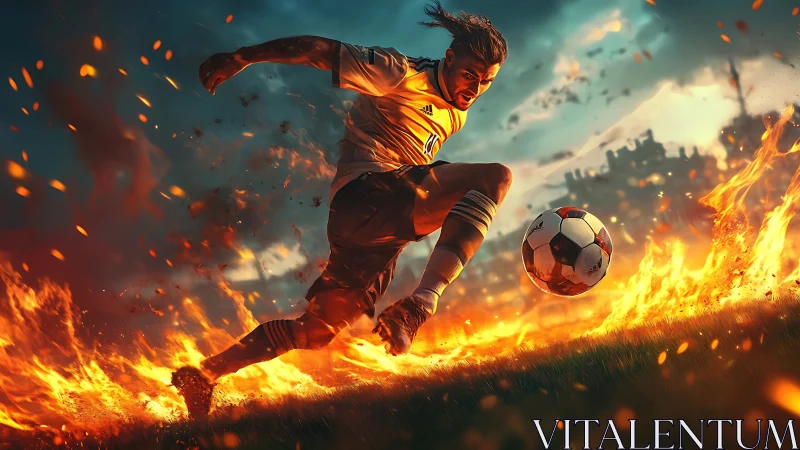 Blazing striker launches a fire-kissed shot through chaos.