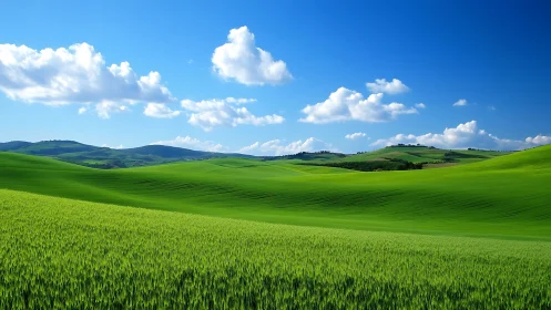 Green rolling hills under blue sky with scattered clouds.