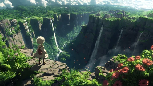Solitary explorer overlooking lush canyon waterfalls vista.
