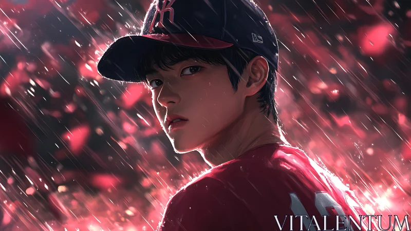 Young baseball player in glowing red rainlight moment.