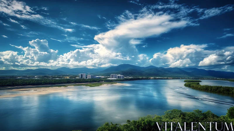 Coastal riverfront city under dramatic cumulus sky panorama.