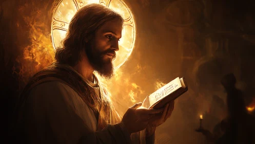 Sacred robed figure studies glowing scripture by candlelight.