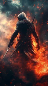 Hooded warrior strides through blazing embers in battle storm