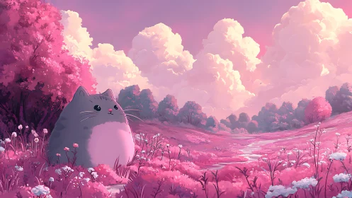 Round pastel cat rests in luminous pink meadow landscape.