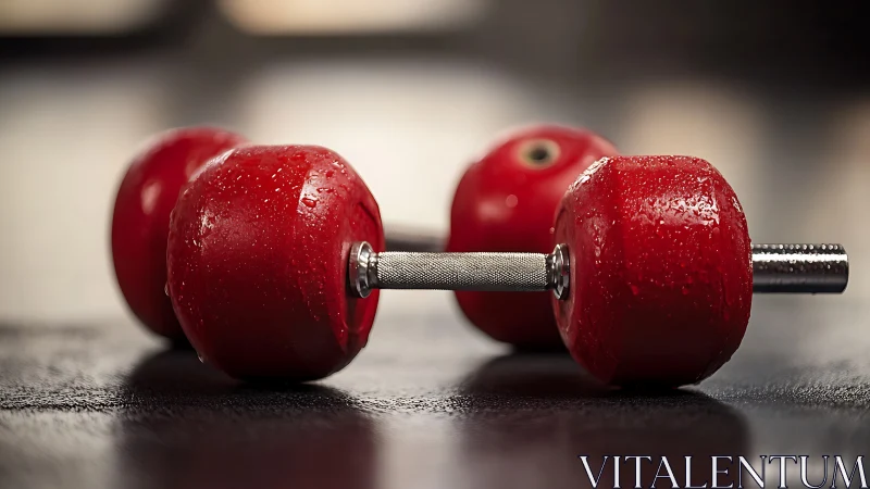 Red dumbbell with wet surface on dark gym floor.