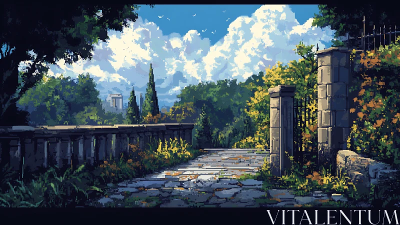 Sunlit stone path gently leads into a peaceful garden