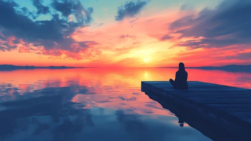 Solitary figure contemplates a vivid sunset across calm water