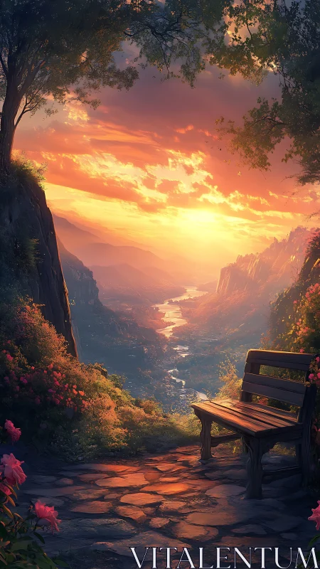 Sunlit valley overlook with wooden bench and glowing river at dusk