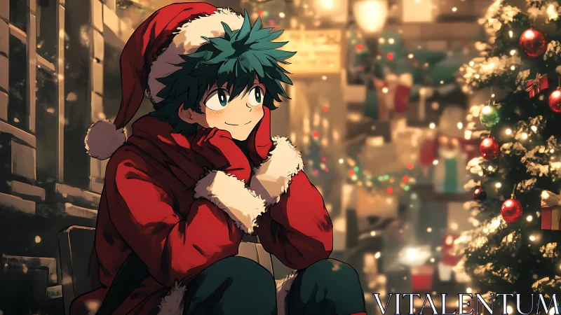 Anime boy in Santa outfit sitting by bright Christmas tree.