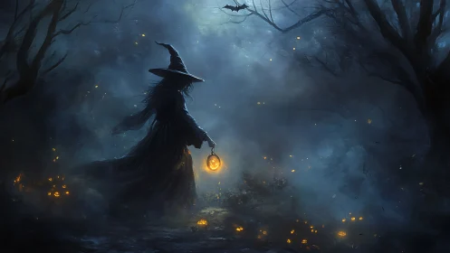 Witch in foggy forest holding glowing pumpkin lantern.